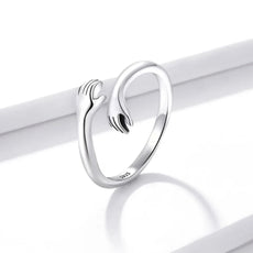 925 Sterling Silver Hug Open Ring Warm Love Hand Adjustable Glossy Ring for Women, His Big Loving Family Party Gift