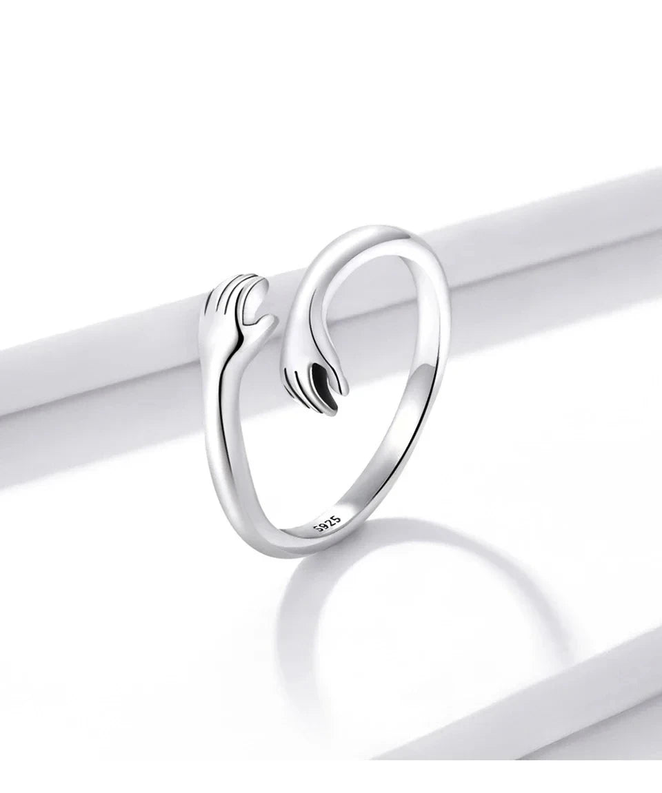 925 Sterling Silver Hug Open Ring Warm Love Hand Adjustable Glossy Ring for Women, His Big Loving Family Party Gift