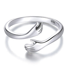 925 Sterling Silver Hug Open Ring Warm Love Hand Adjustable Glossy Ring for Women, His Big Loving Family Party Gift